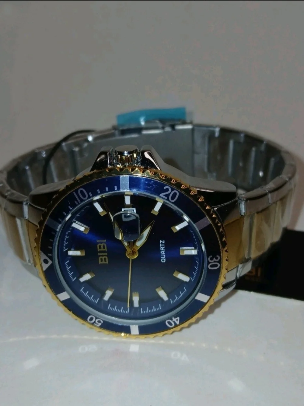 BiBi Quartz Diver Style Date Watch Blue Dial Silver Case Silver Gold Band New